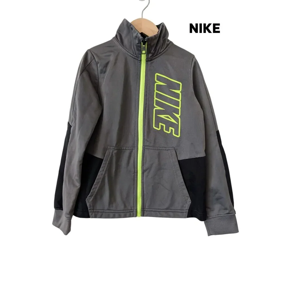Nike Boys Gray Black Full Zip Jacket Size Youth Large Neon Green Logo